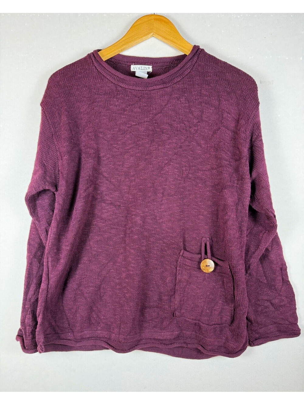 Avalin Women's Purple Solid Knit Crew Neck Pullover Sweater Pockets Button OS